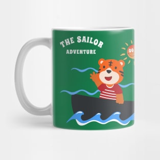 Funny tiger sailor cartoon vector on little boat Mug